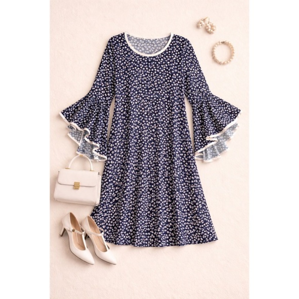 MSK Women Boho Polka Dot Bell Sleeve Shift Dress 1X Navy White Retro 60s USA NWT